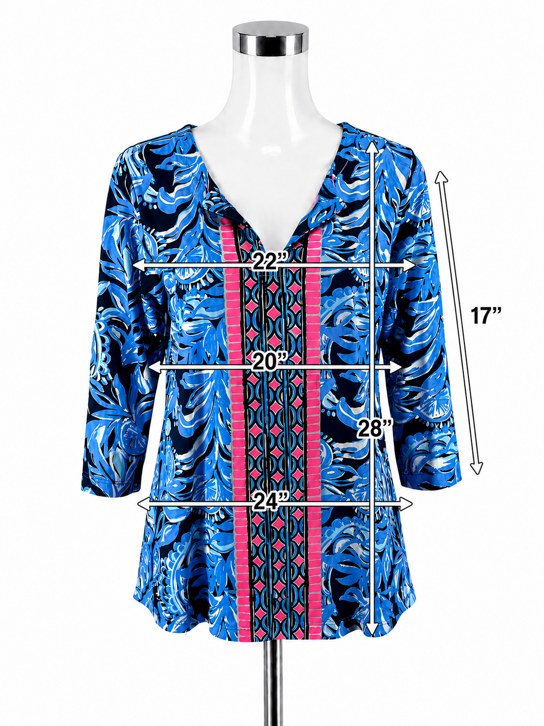Lilly Pulitzer Willa Tunic Top Print V-Neck Blue Pink Pre-Owned Size L - Downstairs