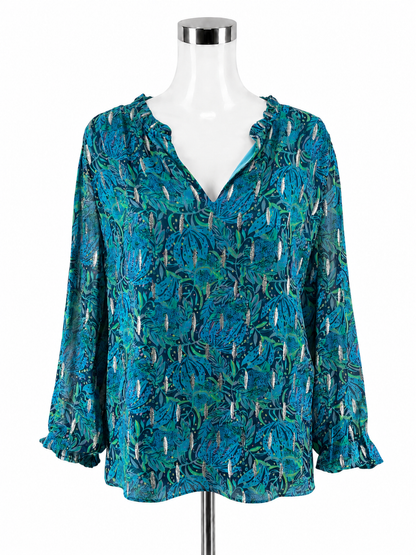 Lilly Pulitzer Kade Top Borealis Blue Wild Within Metallic Blouse Size L