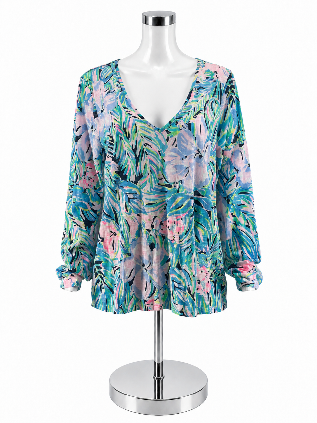 Lilly Pulitzer Nevie Top In A Flutter Print V-Neck Long Sleeve L - Downstairs
