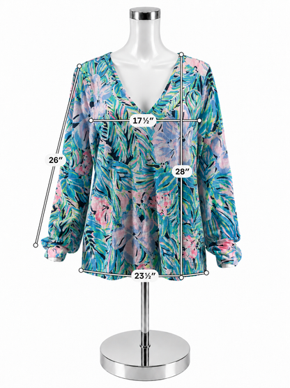 Lilly Pulitzer Nevie Top In A Flutter Print V-Neck Long Sleeve L - Downstairs