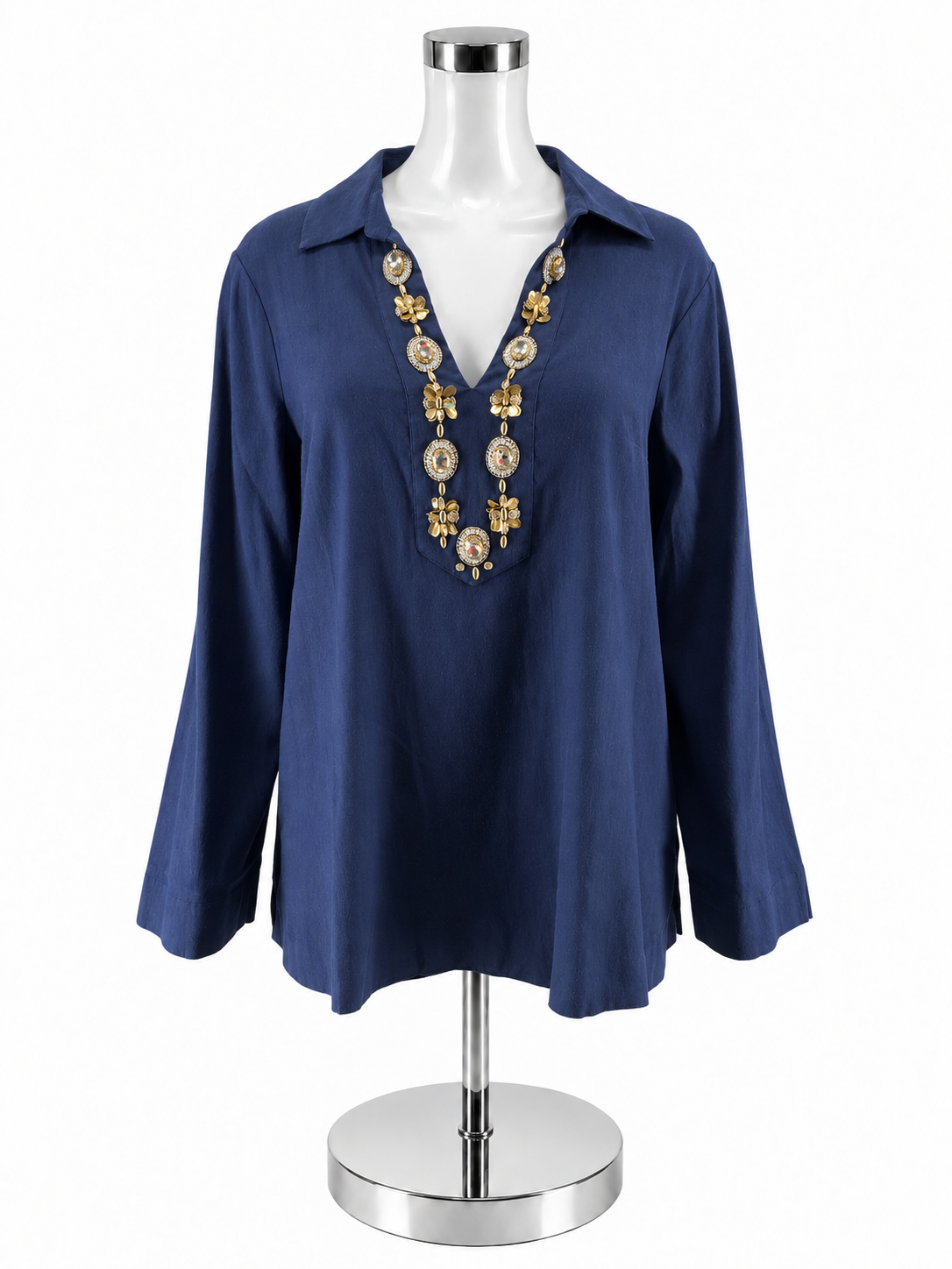 Lilly Pulitzer Kenna Tunic Top Navy Gold Embellished V-Neck Linen Blend Size L - Downstairs