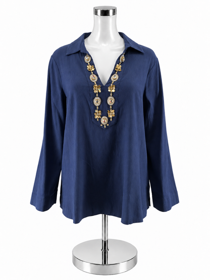 Lilly Pulitzer Kenna Tunic Top Navy Gold Embellished V-Neck Linen Blend Size L - Downstairs
