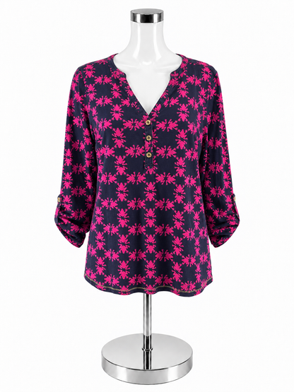 Lilly Pulitzer Skipper Popover Henley Top Downstairs Print Navy Pink Size L - Downstairs