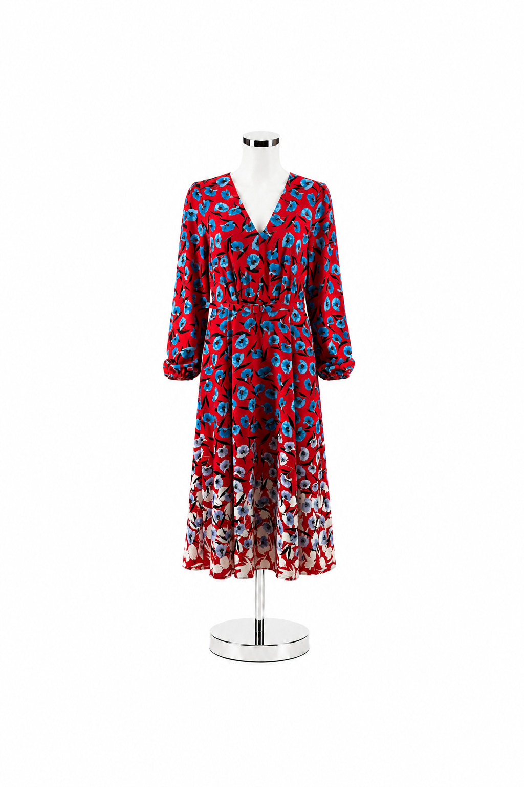 Ann Taylor Red &amp; Blue Floral Puff Sleeve Belted Midi Dress Size 8 - ONLINE ONLY