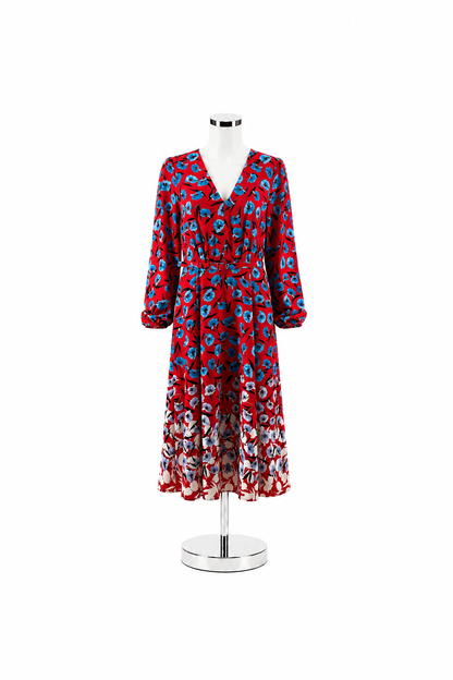 Ann Taylor Red &amp; Blue Floral Puff Sleeve Belted Midi Dress Size 8 - ONLINE ONLY
