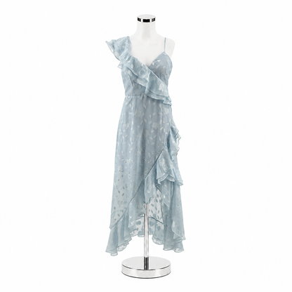 Lulus Dreamy Date Light Blue Floral Jacquard Ruffled Midi Dress Size Small NWT - ONLINE ONLY