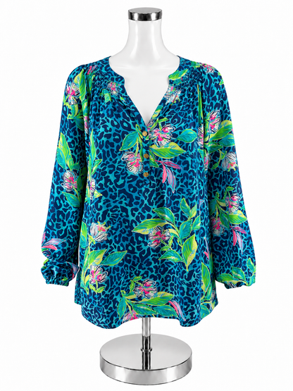 Lilly Pulitzer Elsa Silk Top Blue Lagoon Floral Tunic Blouse Size Large