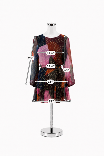 Oliphant Ella Ruffle Tiered Mini Dress XS Abstract Gold Foil Print Bishop Sleeve