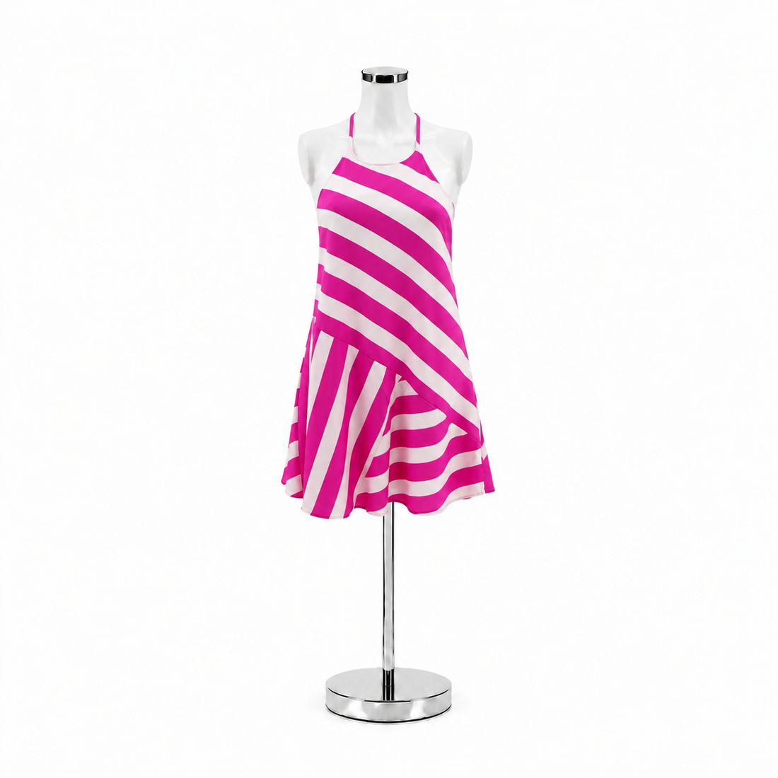 Southern Frock Fuchsia &amp; White Diagonal Stripe Halter Mini Dress | Size XS