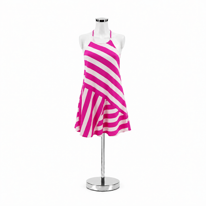 Southern Frock Fuchsia &amp; White Diagonal Stripe Halter Mini Dress | Size XS
