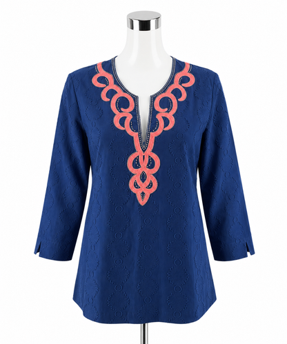 Lilly Pulitzer Dusk Top Navy Blue Pink Embroidered Cotton Tunic Small