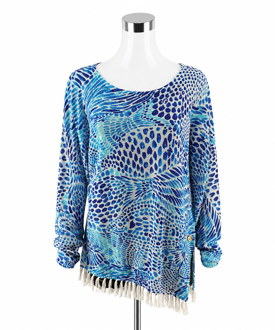 Lilly Pulitzer Tatum Sweater Seas The Day Print Fringe Hem Tunic Top Size Large