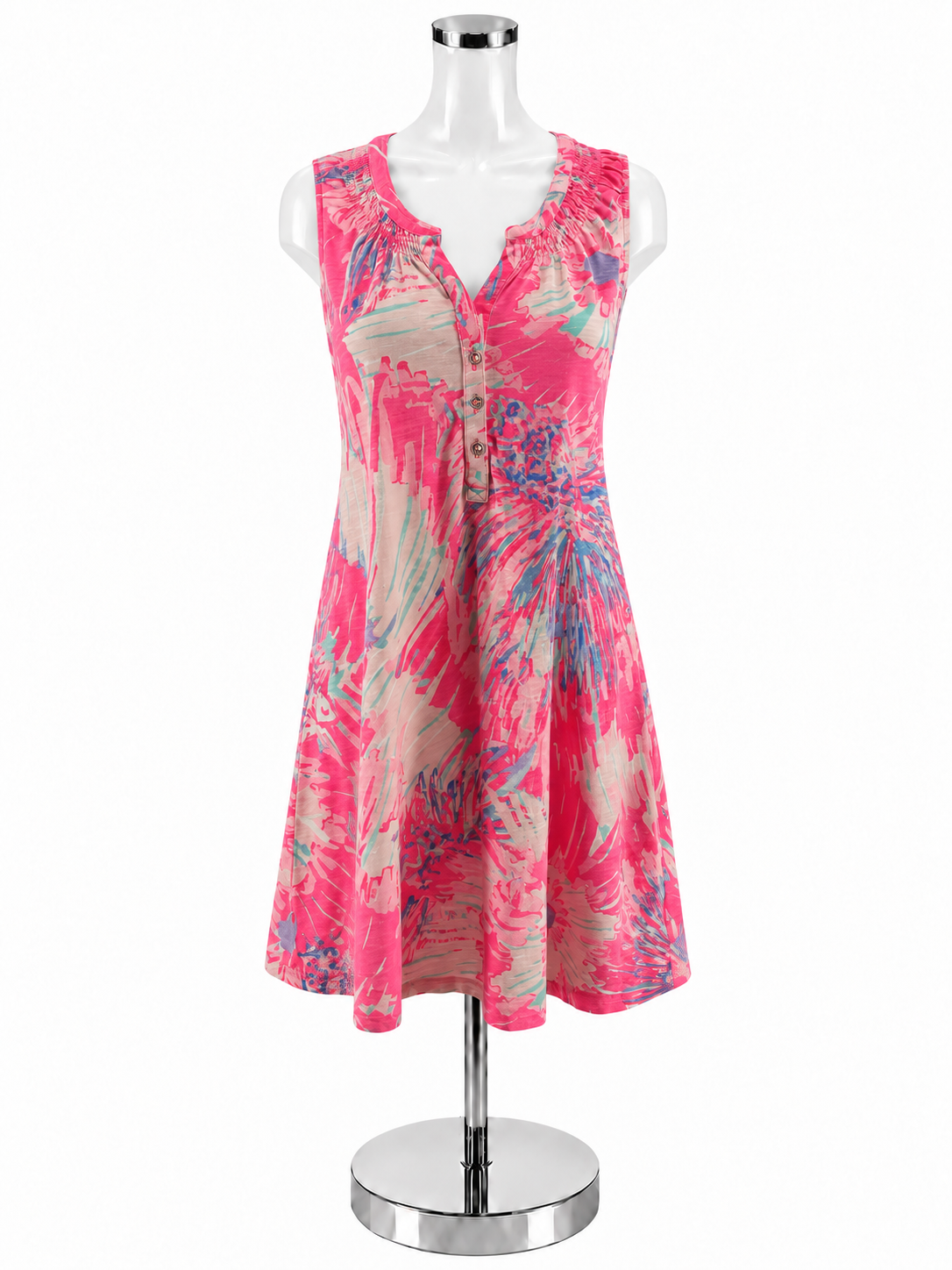 Lilly Pulitzer Marlowe Dress M Pink Blue Floral Henley Sleeveless T-Shirt Dress