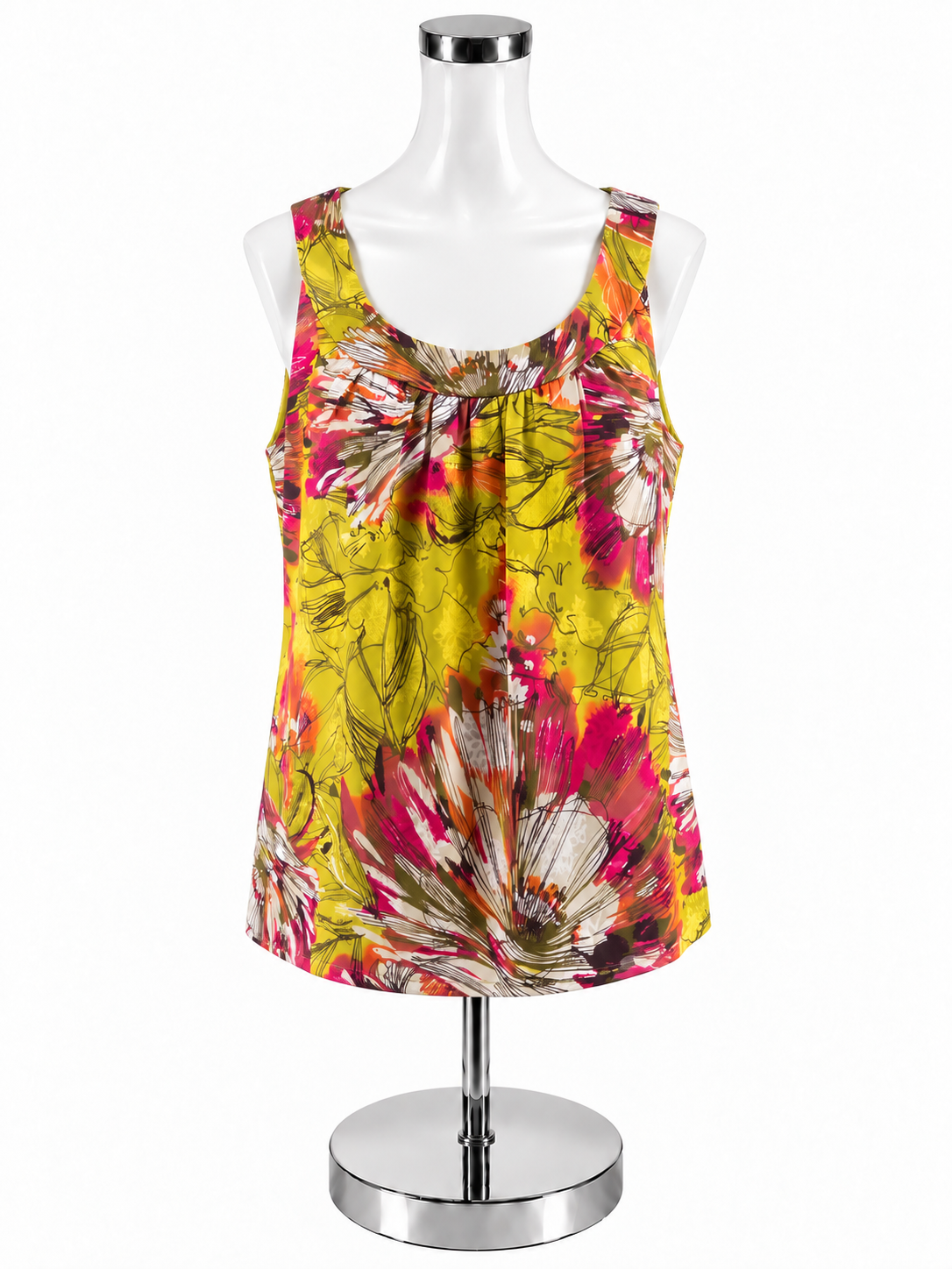 St. John Floral Print Pleated Silk Shell Top Green Pink Size S- ONLINE ONLY