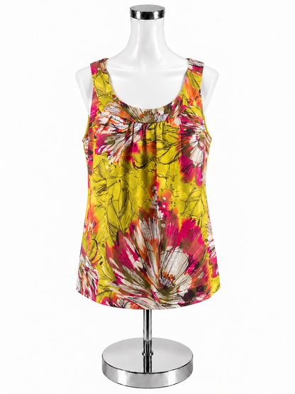 St. John Floral Print Pleated Silk Shell Top Green Pink Size S- ONLINE ONLY