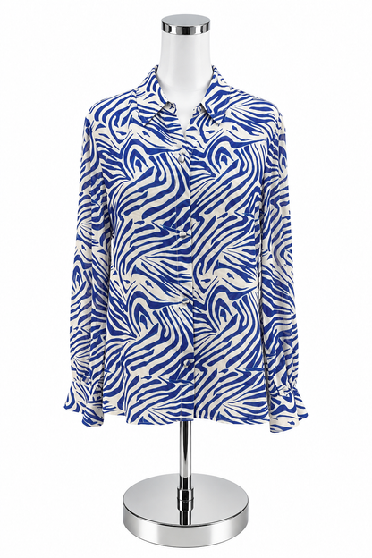 Karina Grimaldi Zebra Print Silk Blend Blouse XS Blue White Button Down Top - ONLINE ONLY