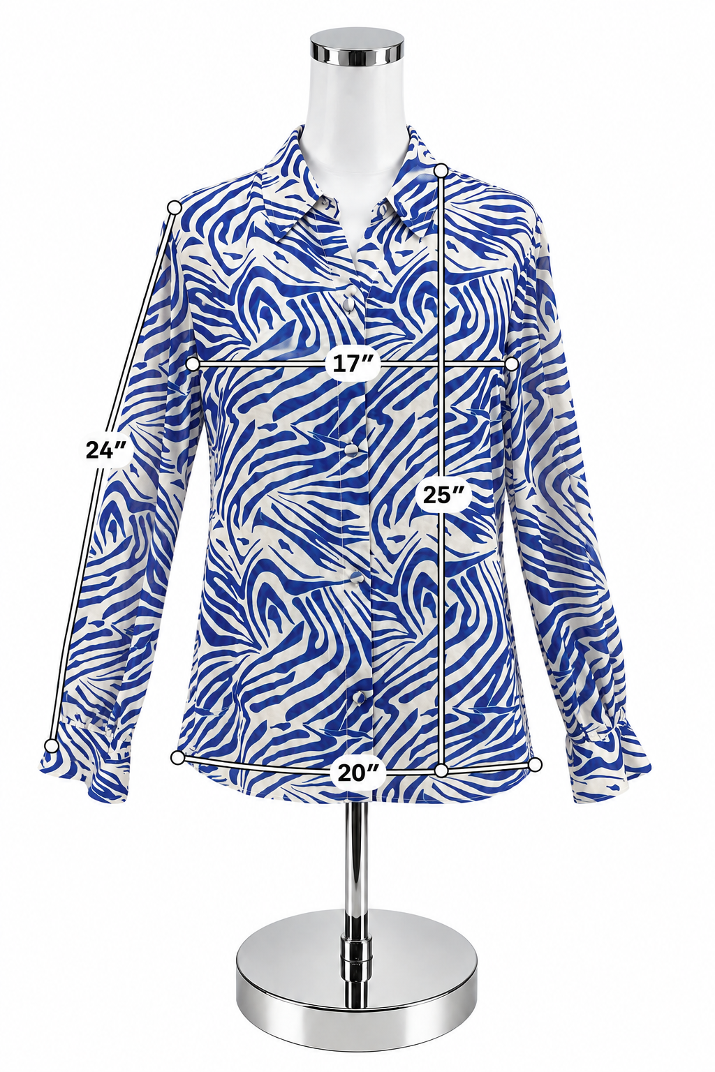 Karina Grimaldi Zebra Print Silk Blend Blouse XS Blue White Button Down Top - ONLINE ONLY
