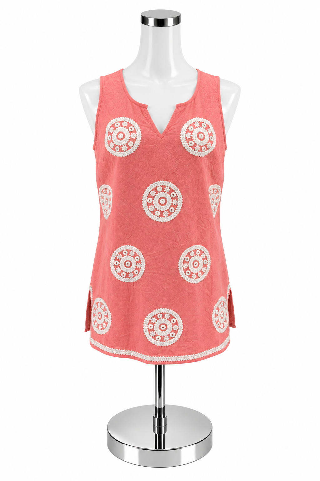 Mud Pie Boho Crochet Circle Tunic Top Coral White Cotton Size S NWT - ONLINE ONLY