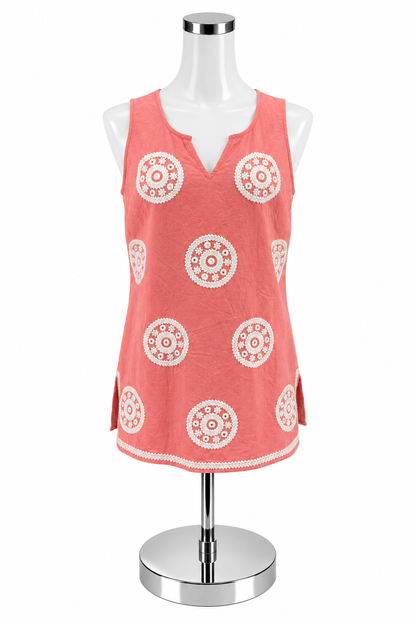 Mud Pie Boho Crochet Circle Tunic Top Coral White Cotton Size S NWT - ONLINE ONLY