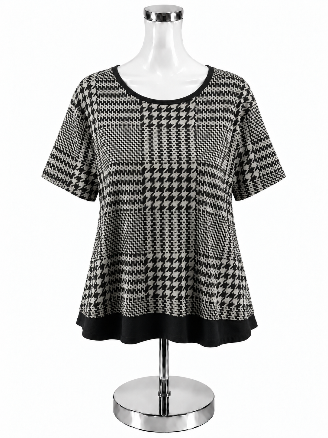 Liz Claiborne Houndstooth Jacquard Knit Tunic Top XL Black Gray Short Sleeve - ONLINE ONLY