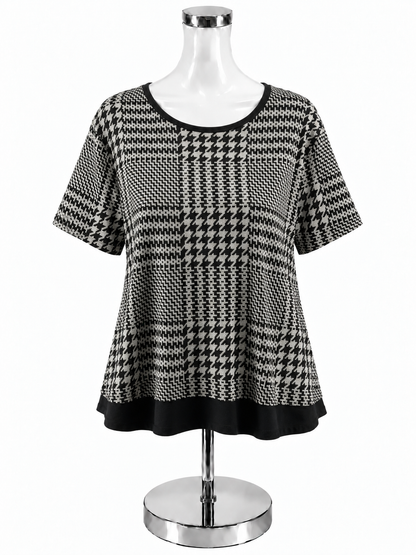 Liz Claiborne Houndstooth Jacquard Knit Tunic Top XL Black Gray Short Sleeve - ONLINE ONLY
