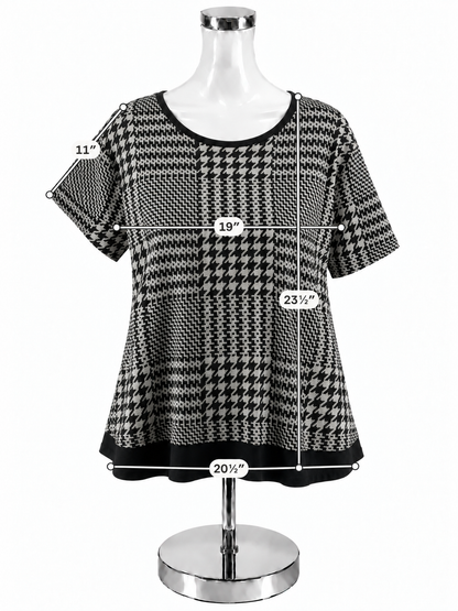 Liz Claiborne Houndstooth Jacquard Knit Tunic Top XL Black Gray Short Sleeve - ONLINE ONLY