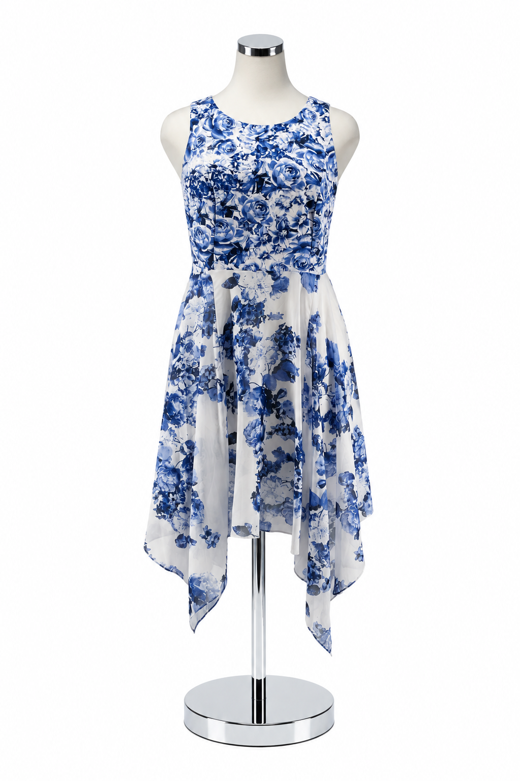 Signature by White Bee Blue &amp; White Floral Handkerchief Hem Dress Size 18W - ONLINE ONLY