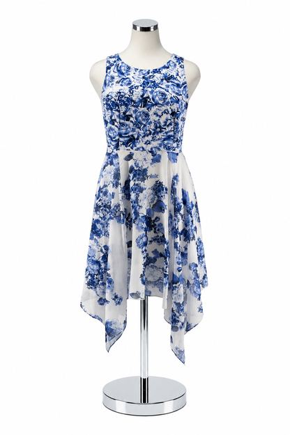 Signature by White Bee Blue &amp; White Floral Handkerchief Hem Dress Size 18W - ONLINE ONLY