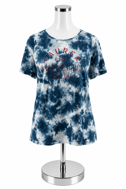 Lauren Ralph Lauren Tie-Dye Graphic Logo T-Shirt Size XL Blue White