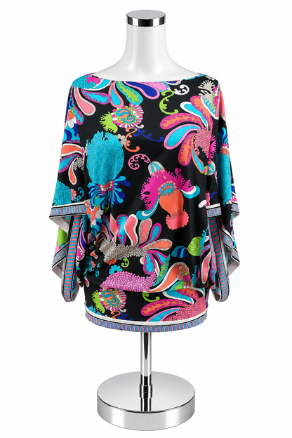 Trina Turk Waikiki Psychedelic Coral Print Batwing Tunic Top XS - ONLINE ONLY
