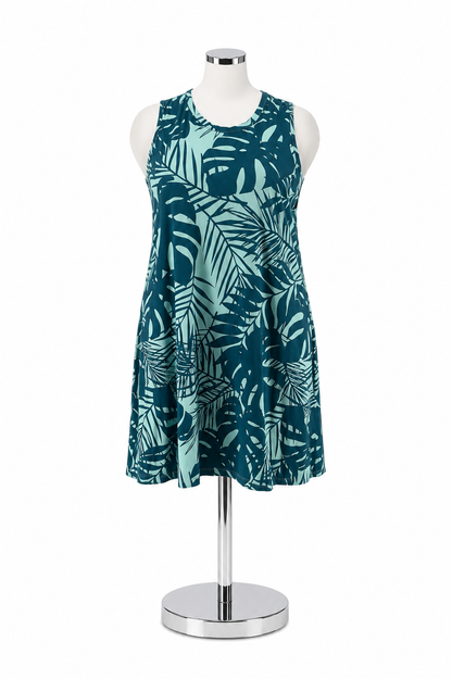 Natural Reflections Tropical Leaf Print Tunic Dress Teal Cotton Blend XXL - ONLINE ONLY