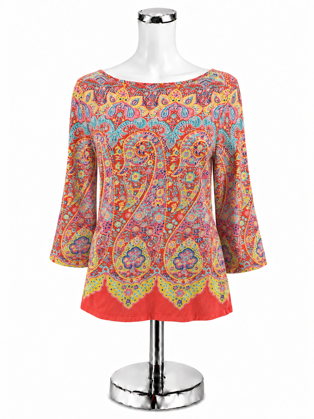 Talbots The Talbots Tee Paisley Boatneck Top Orange Blue Yellow Size Medium - ONLINE ONLY