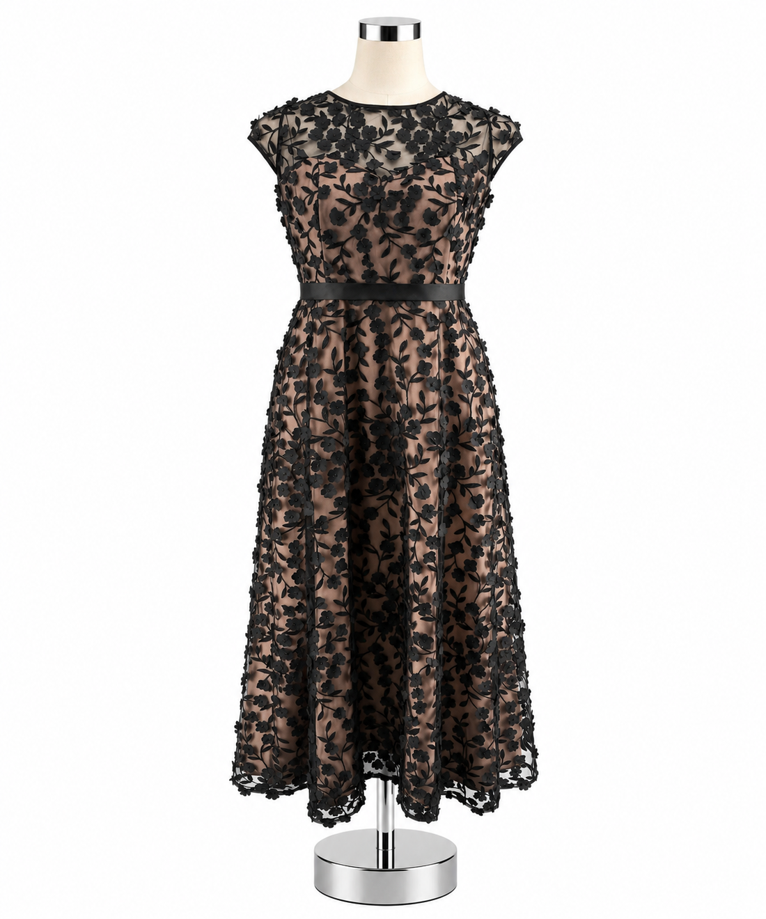 Xscape Plus Size 18W Black, Tan 3D Floral Appliqué Illusion Evening Gown NWT - ONLINE ONLY