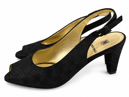 Bruno Magli Black Swirl Fabric Peep Toe Slingback Heels | Size 7 | Made in Italy - ONLINE ONLY