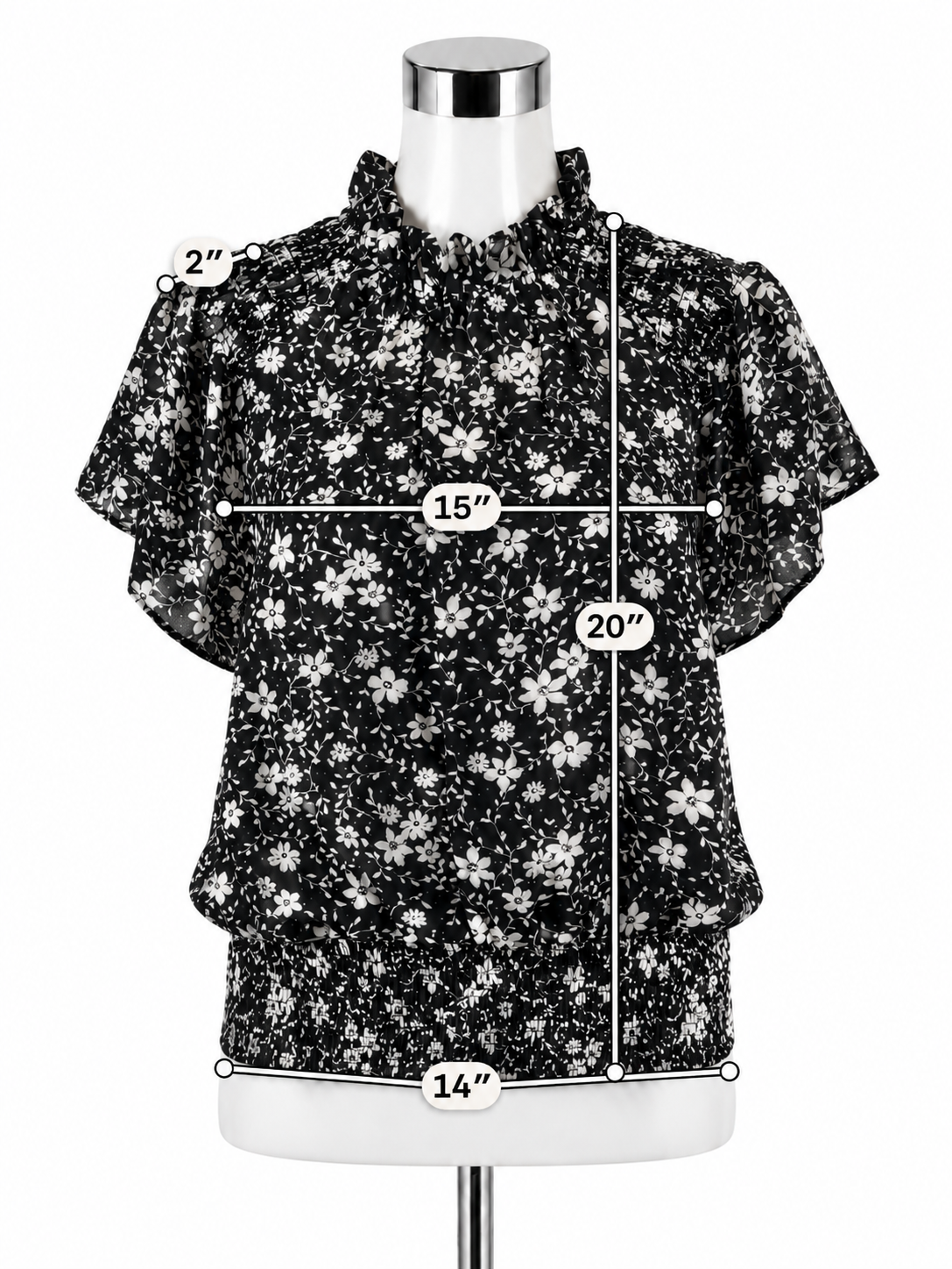 Ann Taylor Black, White Floral Smocked Ruffle Mock Neck Blouse - Size XS - ONLINE ONLY