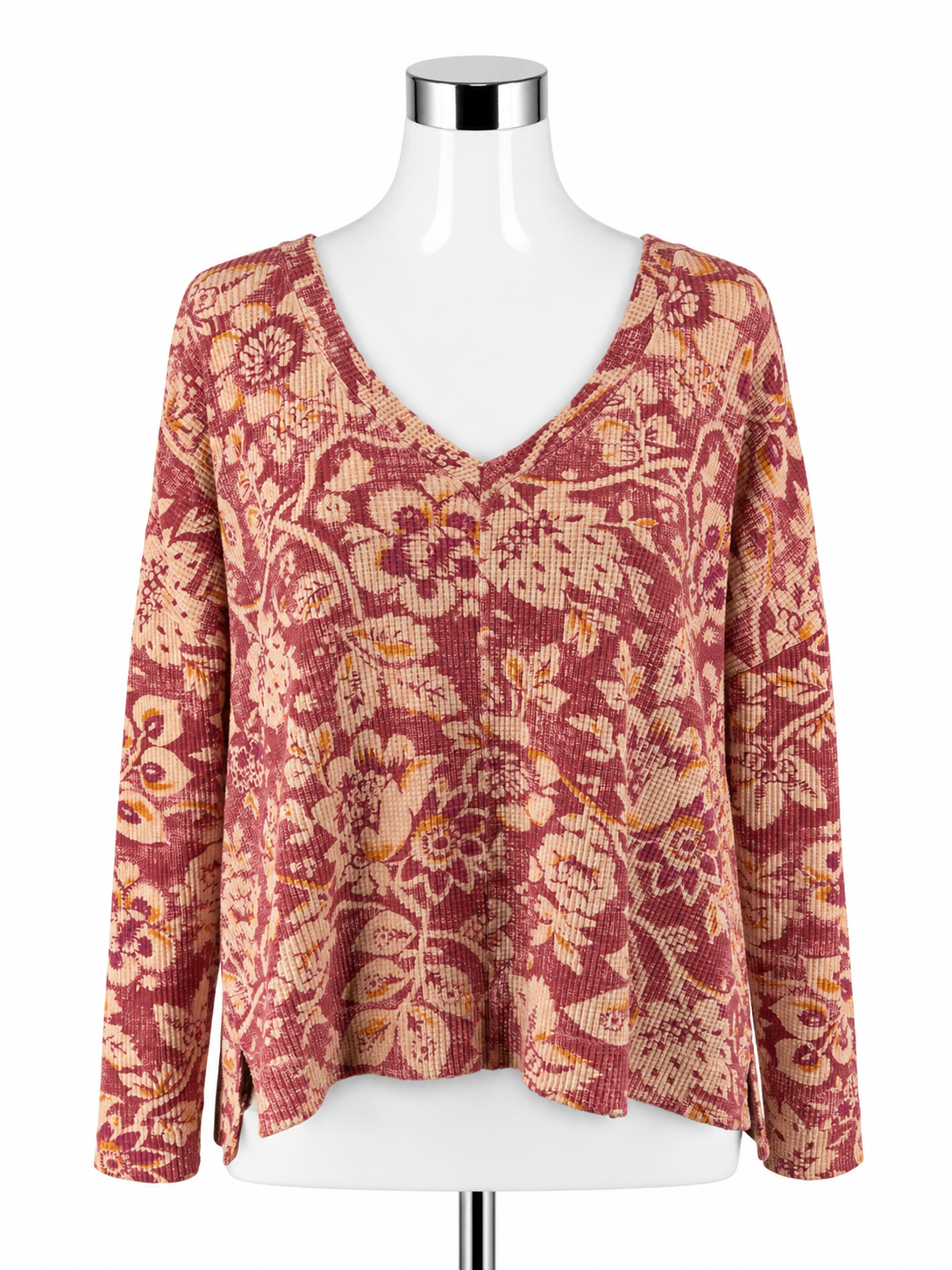 Pilcro by Anthropologie Floral Waffle Knit Thermal Top Size Medium Rust Maroon - ONLINE ONLY