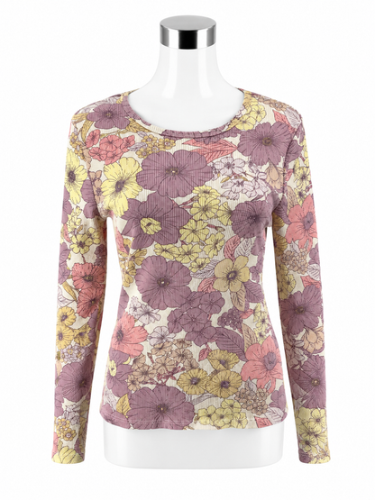 t.la Ribbed Long Sleeve Floral Top - Purple, Yellow - Size Large - ONLINE ONLY