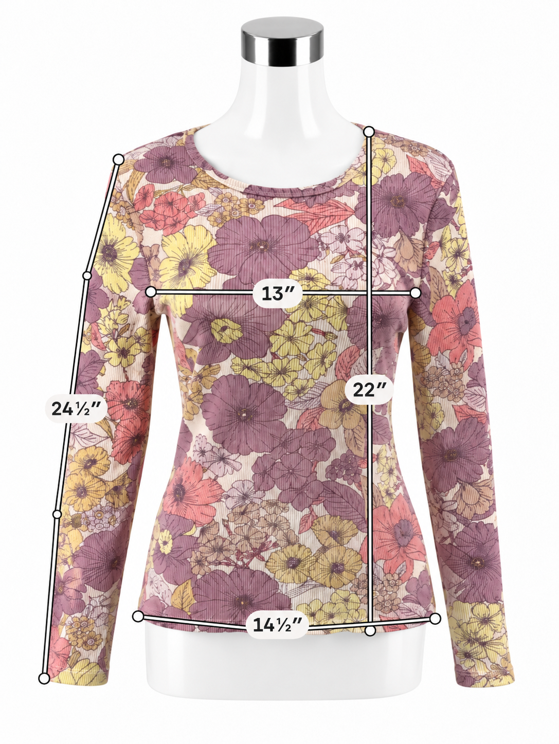 t.la Ribbed Long Sleeve Floral Top - Purple, Yellow - Size Large - ONLINE ONLY