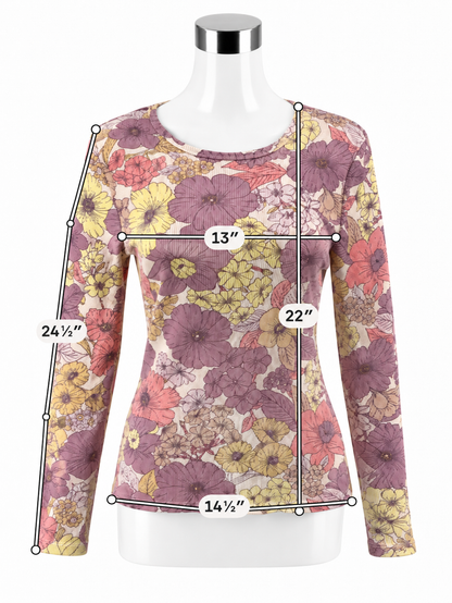 t.la Ribbed Long Sleeve Floral Top - Purple, Yellow - Size Large - ONLINE ONLY