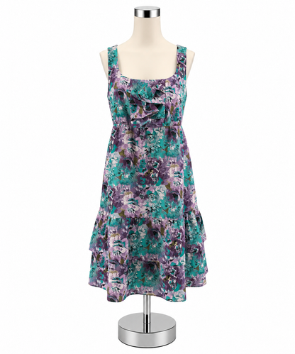 LOFT Ann Taylor Floral Tiered Ruffle Mini Dress Size 8 Teal Purple - ONLINE ONLY