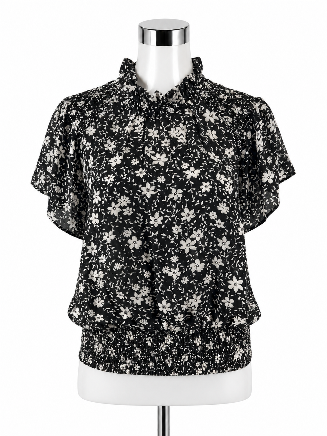 Ann Taylor Black, White Floral Smocked Ruffle Mock Neck Blouse - Size XS - ONLINE ONLY