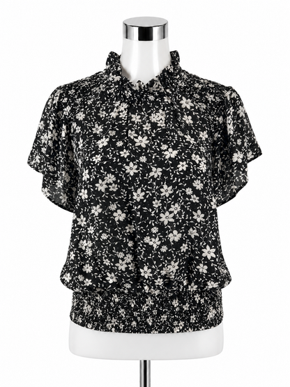 Ann Taylor Black, White Floral Smocked Ruffle Mock Neck Blouse - Size XS - ONLINE ONLY