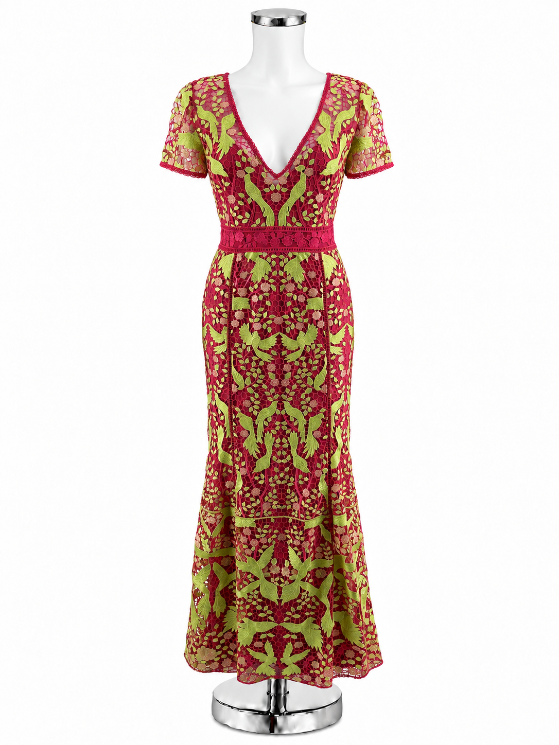 Marchesa Notte Bird &amp;amp; Floral Embroidered Lace Gown Pink Green Size 6 - ONLINE ONLY