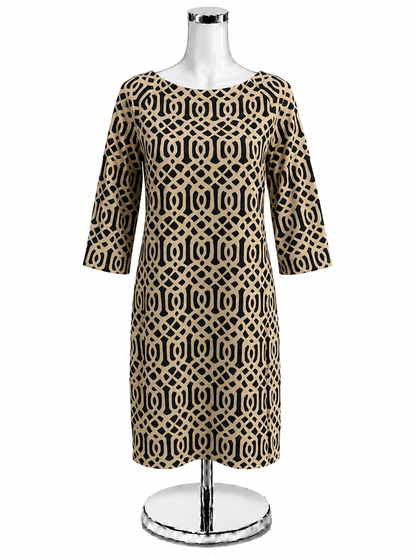 J. McLaughlin Margaret 3/4 Sleeve Geometric Dress - Camel, Black - Size Small - ONLINE ONLY