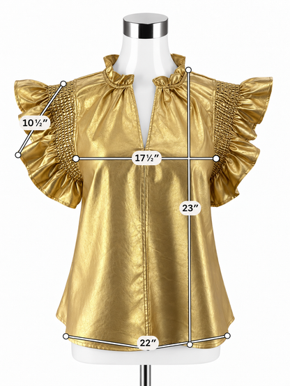 THML Metallic Gold Faux Leather Ruffle Cap Sleeve Top - Size Medium - ONLINE ONLY