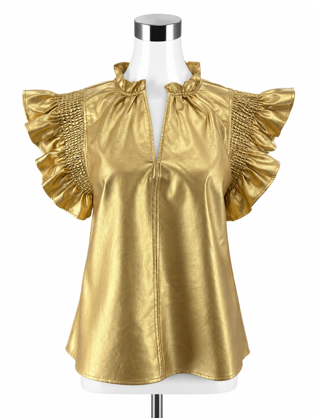 THML Metallic Gold Faux Leather Ruffle Cap Sleeve Top - Size Medium - ONLINE ONLY