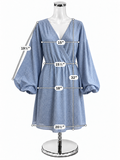 GBGB Baby Blue Sparkle Long Sleeve Wrap Mini Dress - Size M - ONLINE ONLY