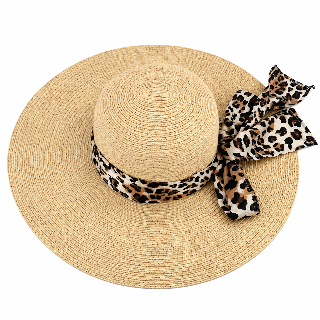Wide-Brim Straw Sun Hat with Leopard Print Bow - ONLINE ONLY