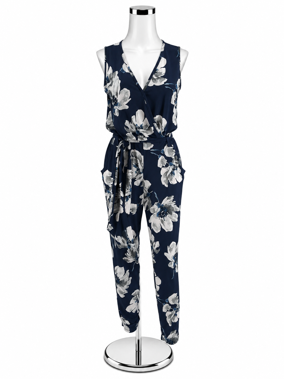 Venus Navy &amp; Gray Floral Sleeveless Surplice Jumpsuit Size Small - ONLINE ONLY