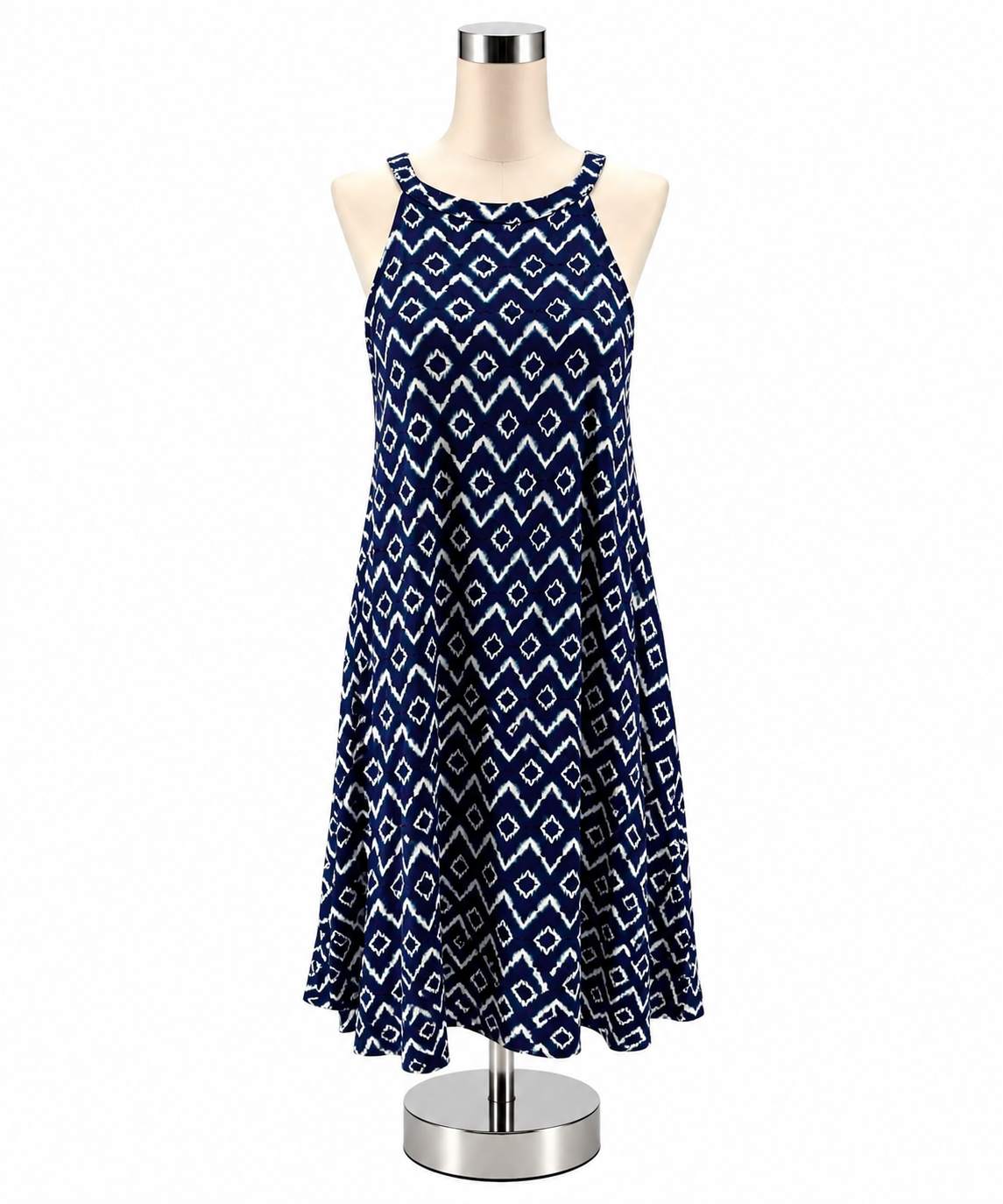 LOFT Ikat Halter Neck Dress Navy Purple White A-Line Keyhole Back Size Large - ONLINE ONLY